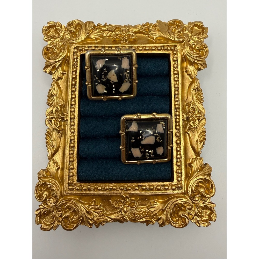 Anson Cufflinks OS Vintage Gold Tone Black Resin Stone Chip Mid Century
